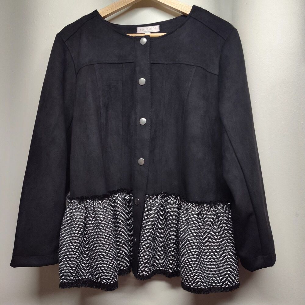 Solitarie By Ravi Khosla Jacket Women L Black Faux Suede Peplum Fall Whimsigoth